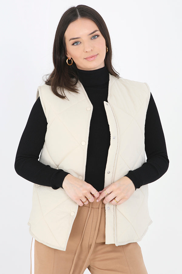 Cream Herringbone Binding Nylon Quilted Gilet