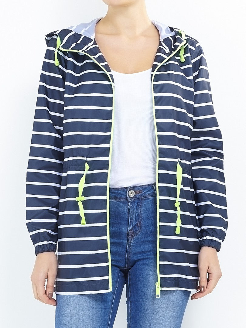 Hooded Neon Trim Striped Raincoat