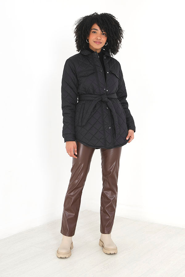 Quilted Jacket With Shirt Collar And Belt