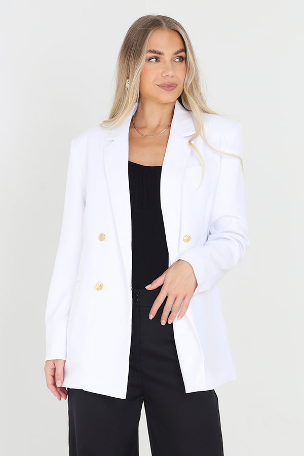 White Double Breasted Padded Shoulder Blazer