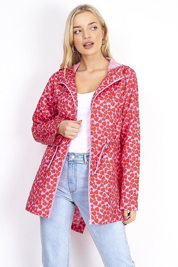 Pink Heart Print Lightweight Hooded Mac