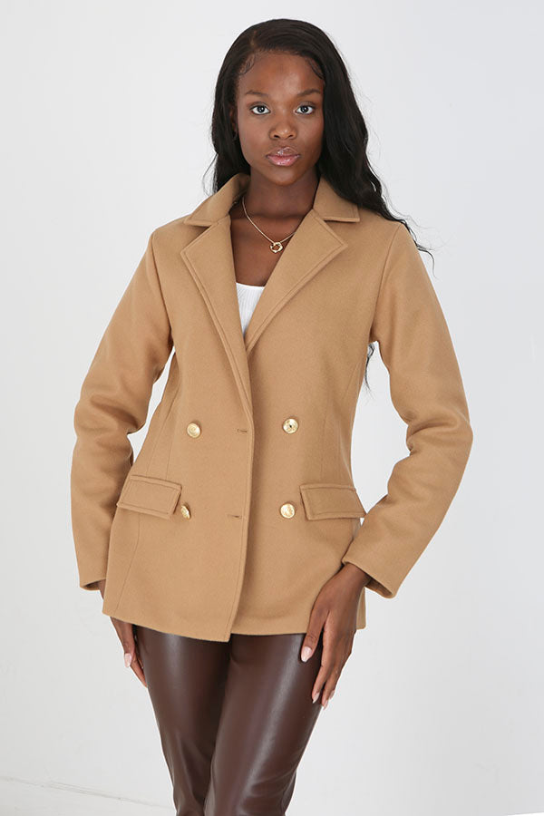Camel Faux Wool Double Breasted Military Style Blazer