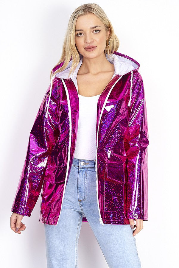 Holographic Hooded Mac Jacket With Pockets