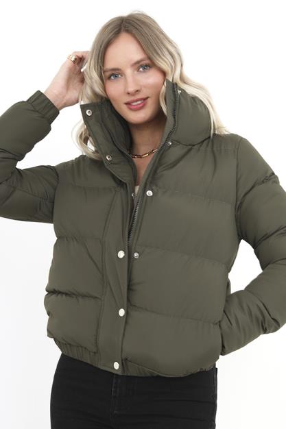 Khaki High Collar Snap Detail Puffer Jacket