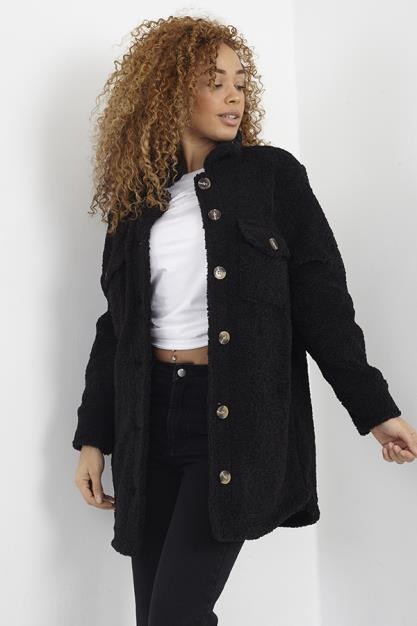 Black Oversized Steam Curled Faux Fur Shacket
