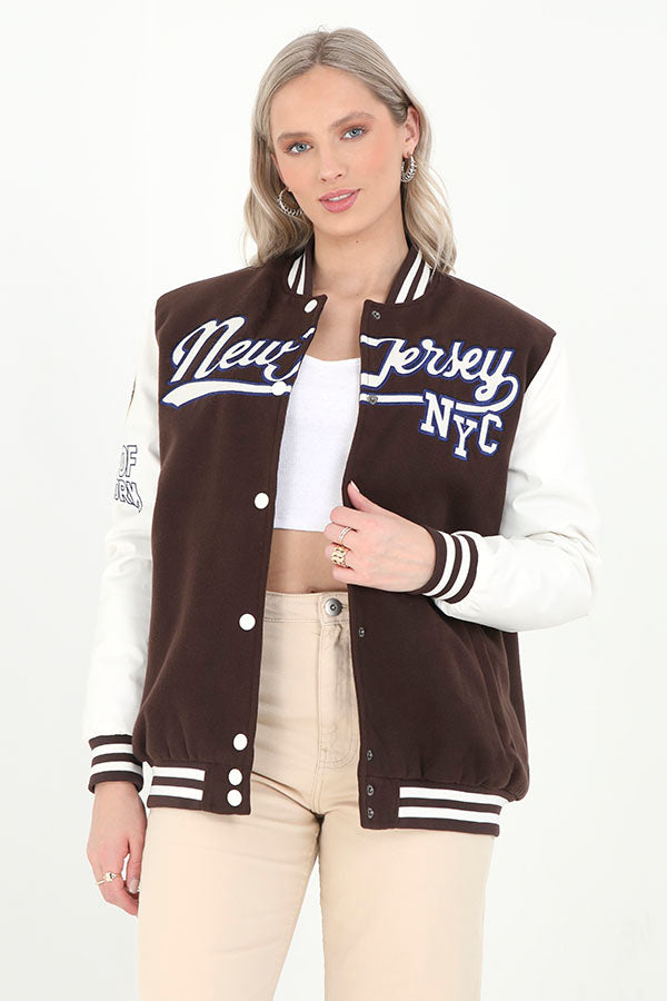 Chocolate And White Oversized Varisty Style Jacket