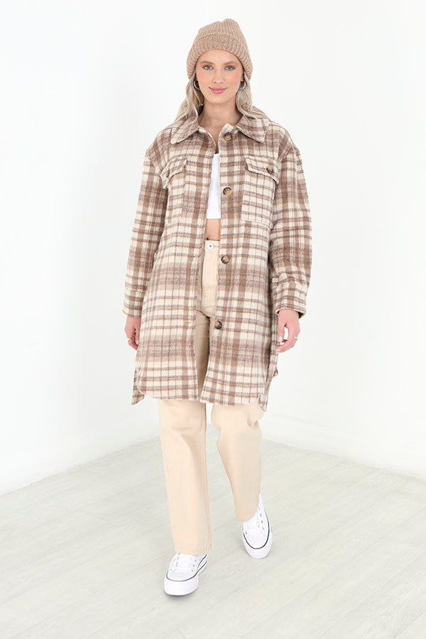 Cream Button Through Belted Long Checked Shacket