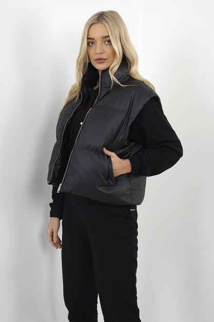 Black Matte Pu High Neck Puffer Gilet