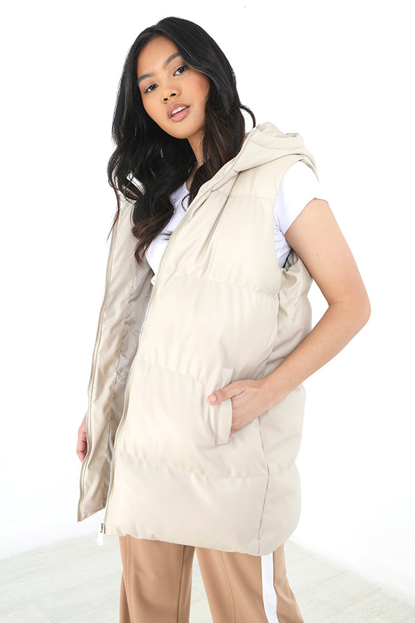 Stone Matte Faux Leather Longer Length Puffer Gilet