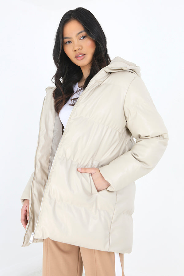 Matte Stone Faux Leather Zip Through Hooded Jacket
