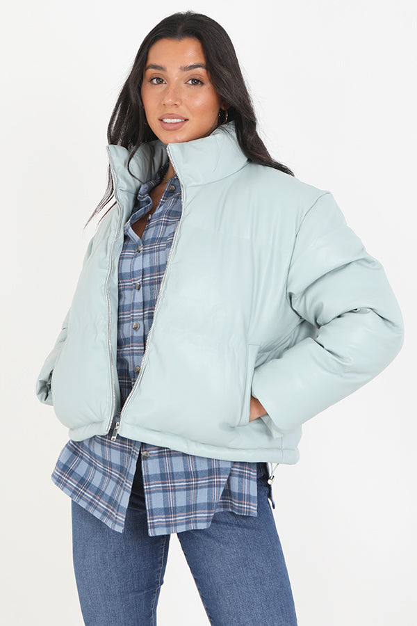 Sage Matte Faux Leather High Neck Padded Jacket