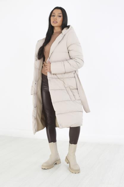 Stone Maxi Length Tie Belt Hooded Padded Jacket