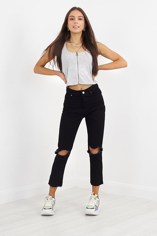 Black Distressed Knee And Hem Mom Jeans