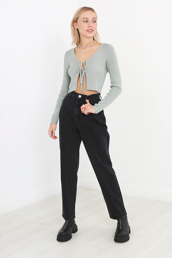 Plain Black Washed Full Length Denim Mom Jeans