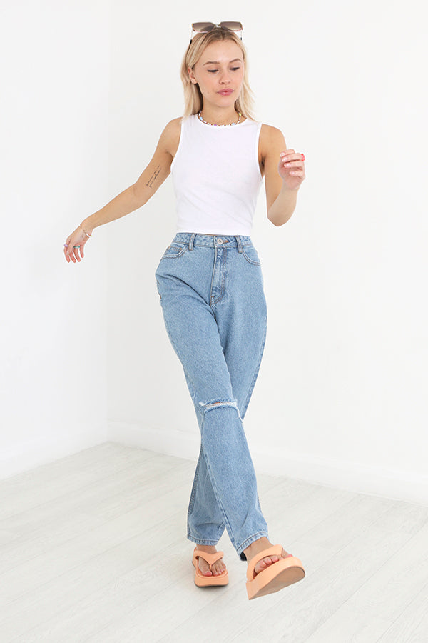 Plain Light Blue Ripped Knee Denim Mom Jeans