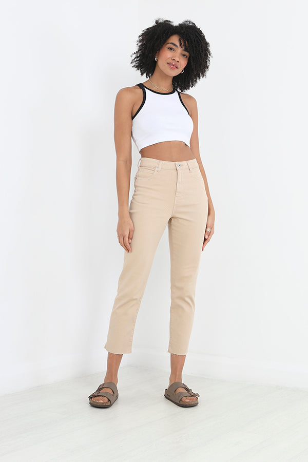 Sand Raw Hem Detail Denim Mom Jeans