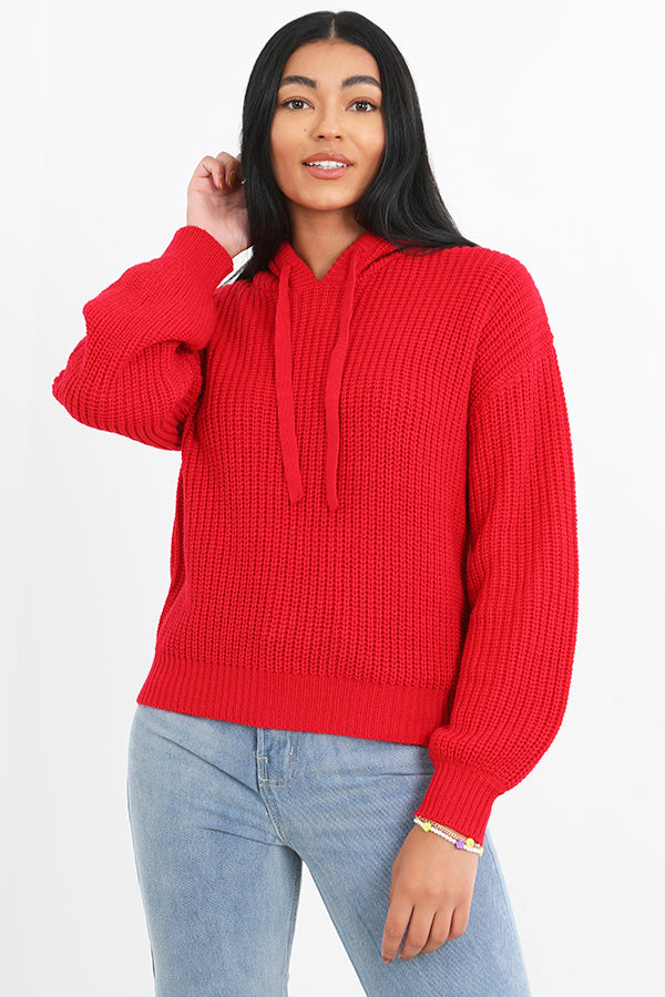 Deep Red Fisherman Rib Knit Hooded Jumper