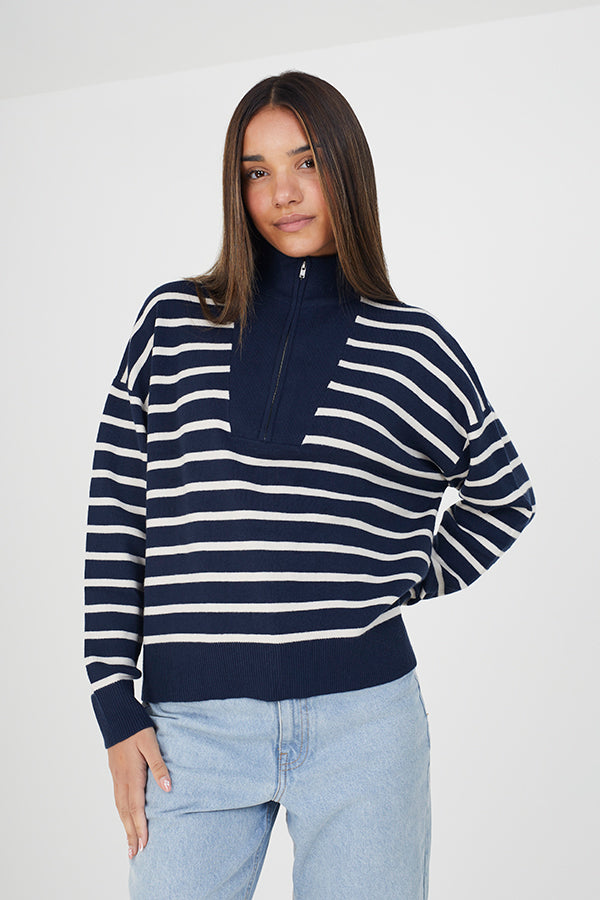 Stripe Half Zip Neck Collar Jumper