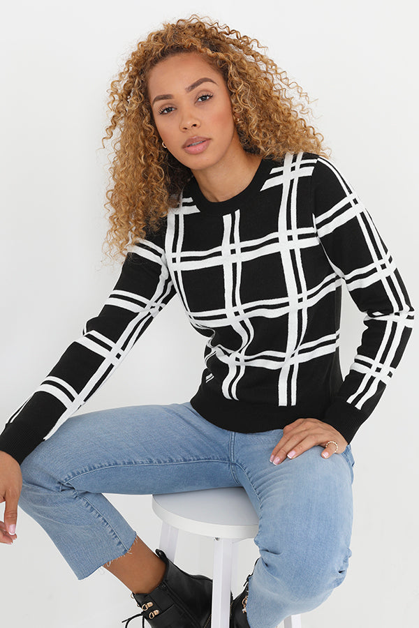 Black And White Jacquard Check Print Knitted Jumper
