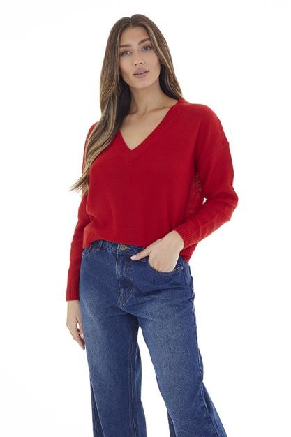 Red Long Sleeve Boxy Fit V-Neck Jumper