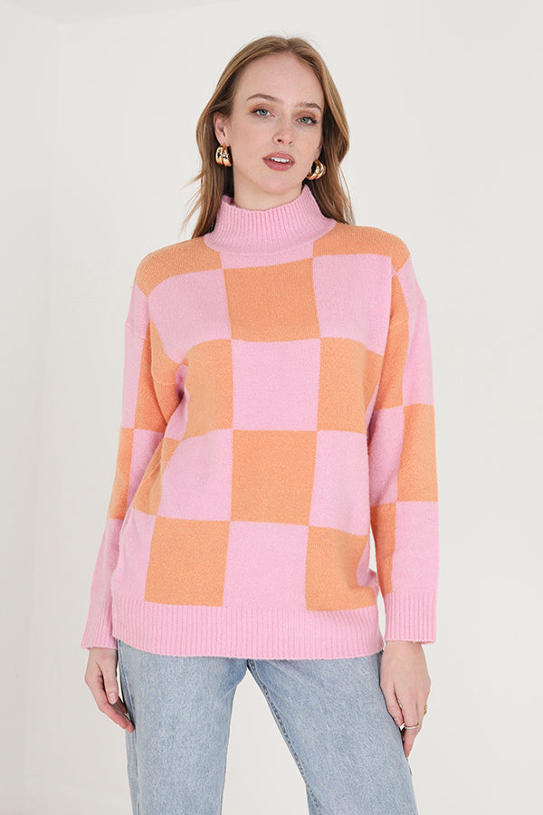 Turtle Neck Checkerboard Jumper