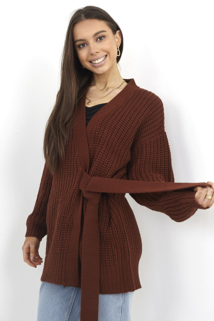 Toasted Brown Fisherman Rib Knit Long Belted Cardigan