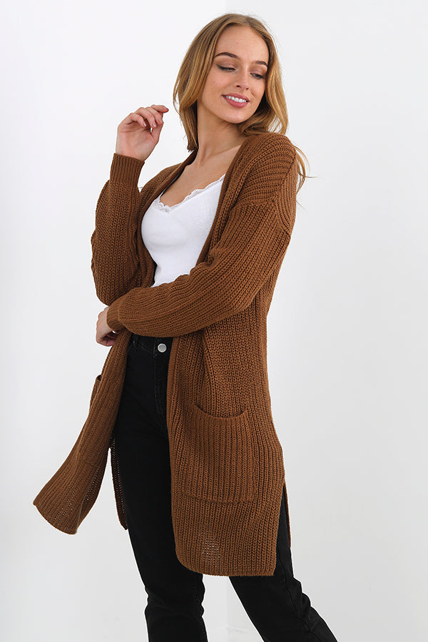 Fisherman Rib Knit Split Detail Long Open Cardigan