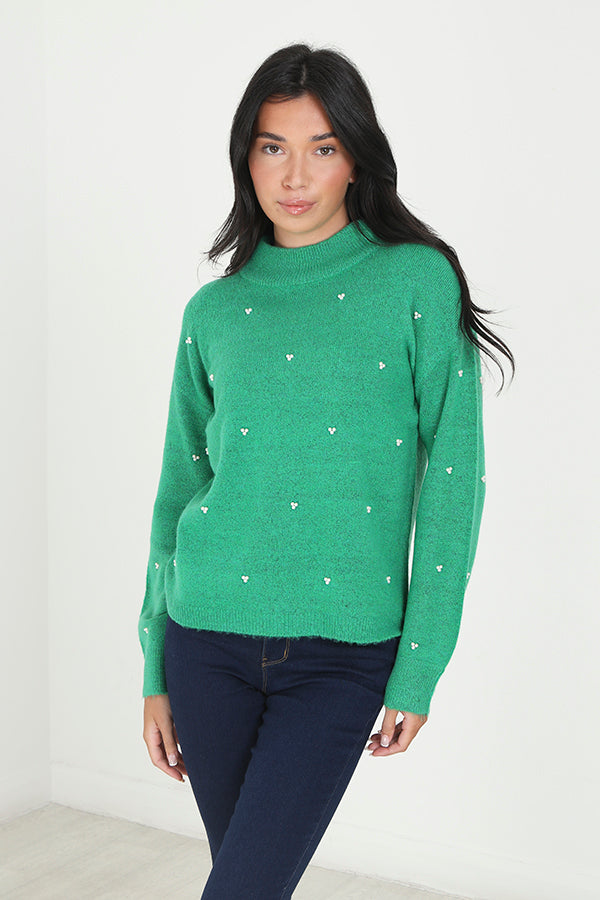 Bright Green Long Sleeve Pearl Embellished Jumper