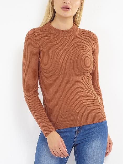 Camel Plain Ribbed Long Sleeve Turtleneck Jumper