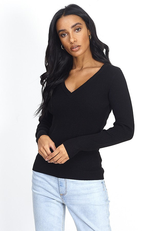 Plain Ribbed Black Long Sleeve V-Neck Jumper