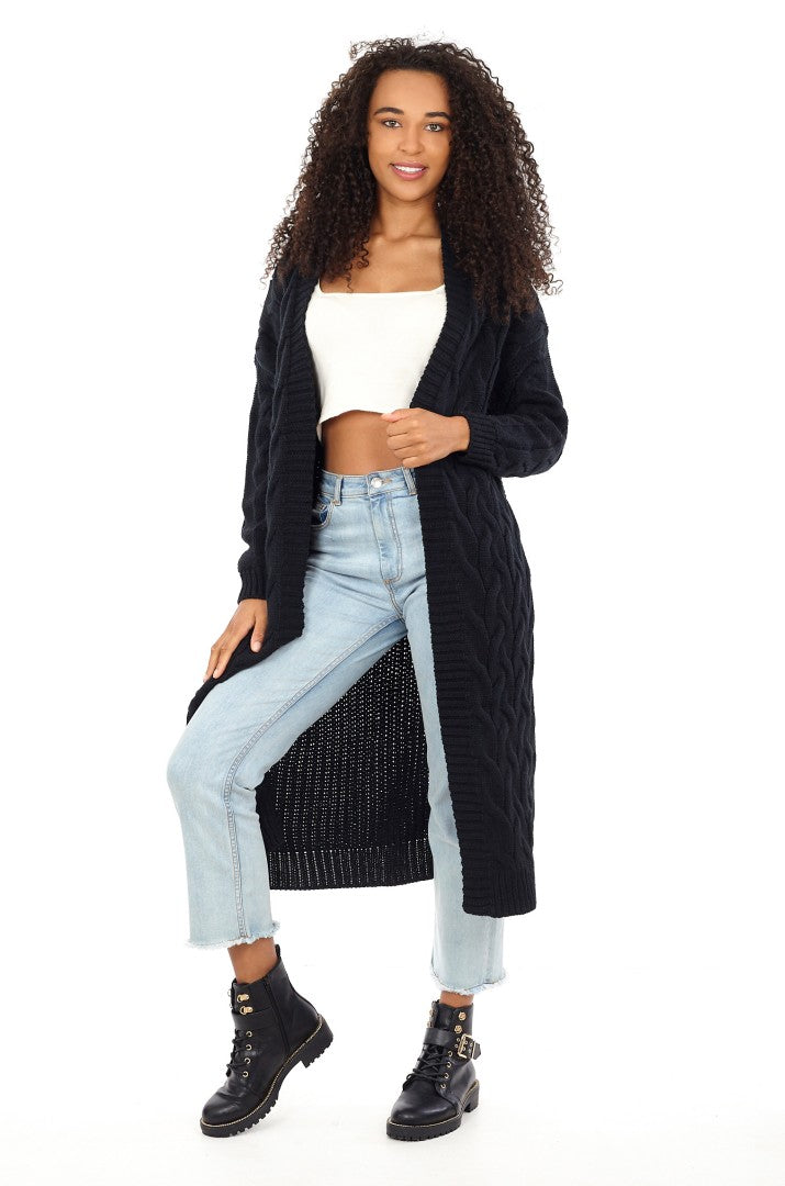 Black Chunky Cable Knit Fisherman Rib Cardigan