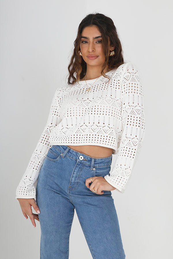 Cream Wide Sleeve Crew Neck Pointelle Jumper