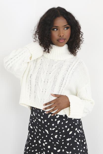 Cream Roll Neck Cropped Cable Knit Jumper