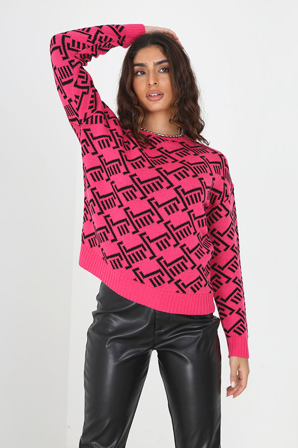 Pink Jacquard Pattern Crew Neck Knitted Jumper
