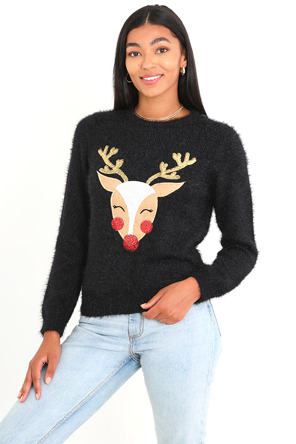 Sequin Reindeer Design Fluffy Christmas Jumper