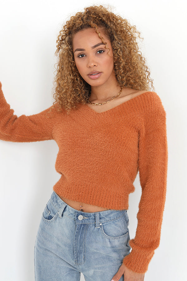 Ribbed Fluffy V-Neck Long Sleeve Knitted Jumper