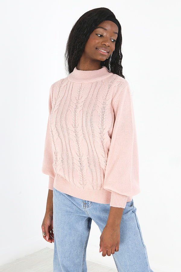 Dusty Pink Balloon Sleeve Cable Knit Jumper