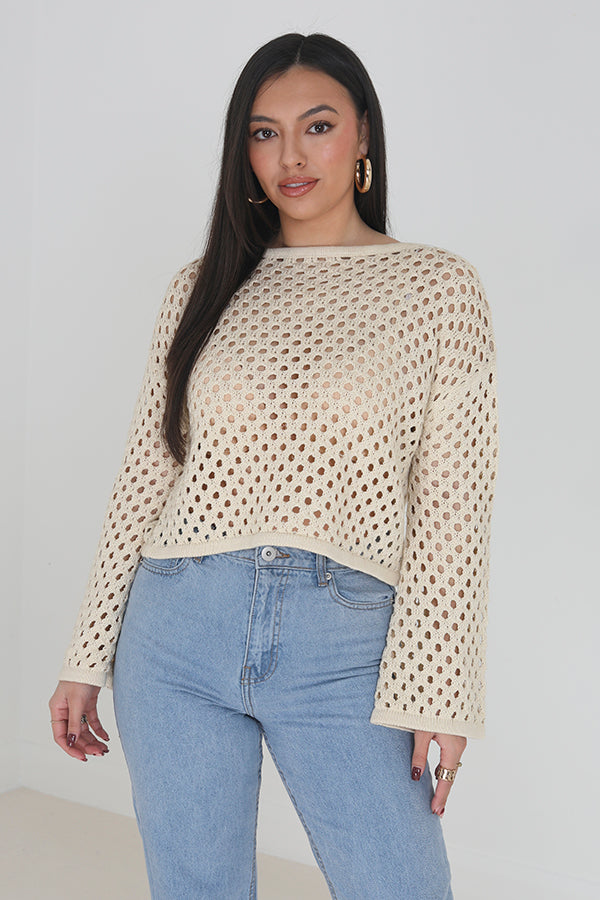 Stone Mesh Knitted Jumper With Flared Sleeves