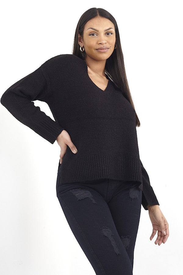 Black V Neck Split Hem Detail Knit Jumper