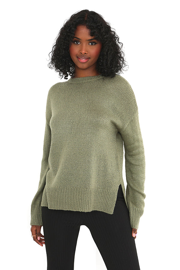 Light Khaki Crew Neck Split Hem Detail Knit Jumper