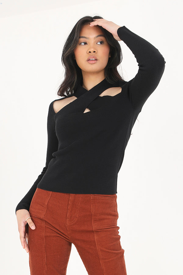 Black Cross Front Cut Out Rib Knitted Jumper