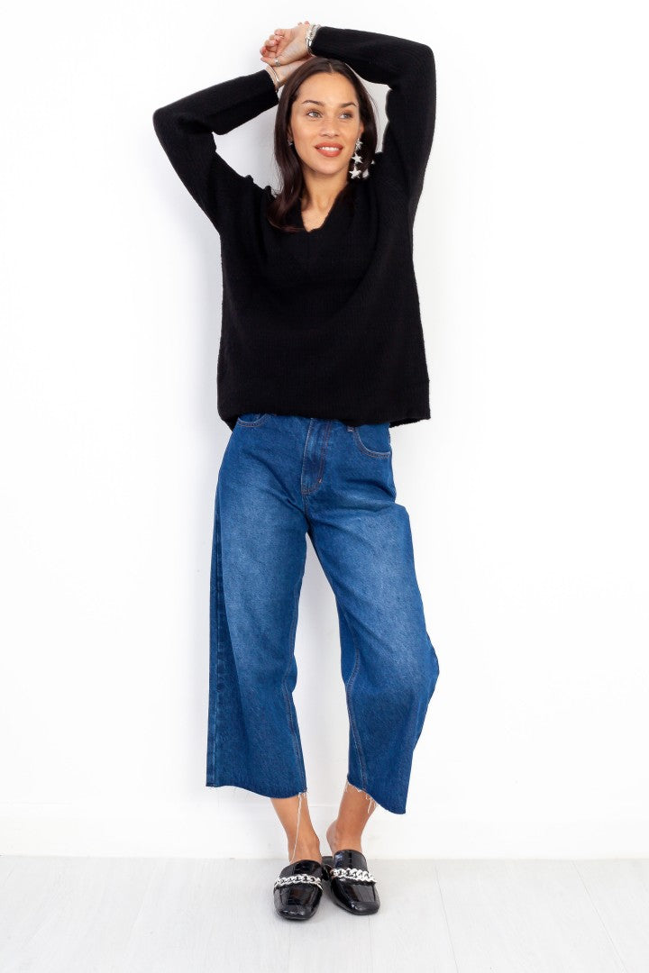 Black Oversized Fisherman Knit V-Neck Jumper