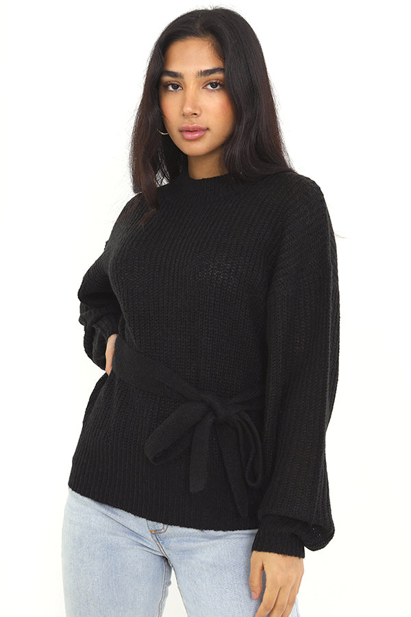 Tie Belted Balloon Sleeve Knitted Jumper