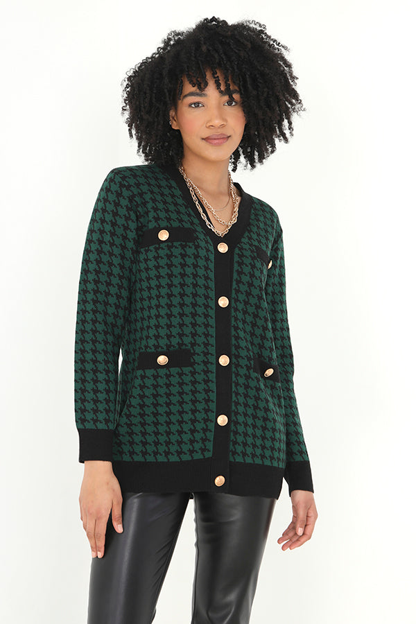 Green Dog Tooth Jacquard Pattern Knit Cardigan