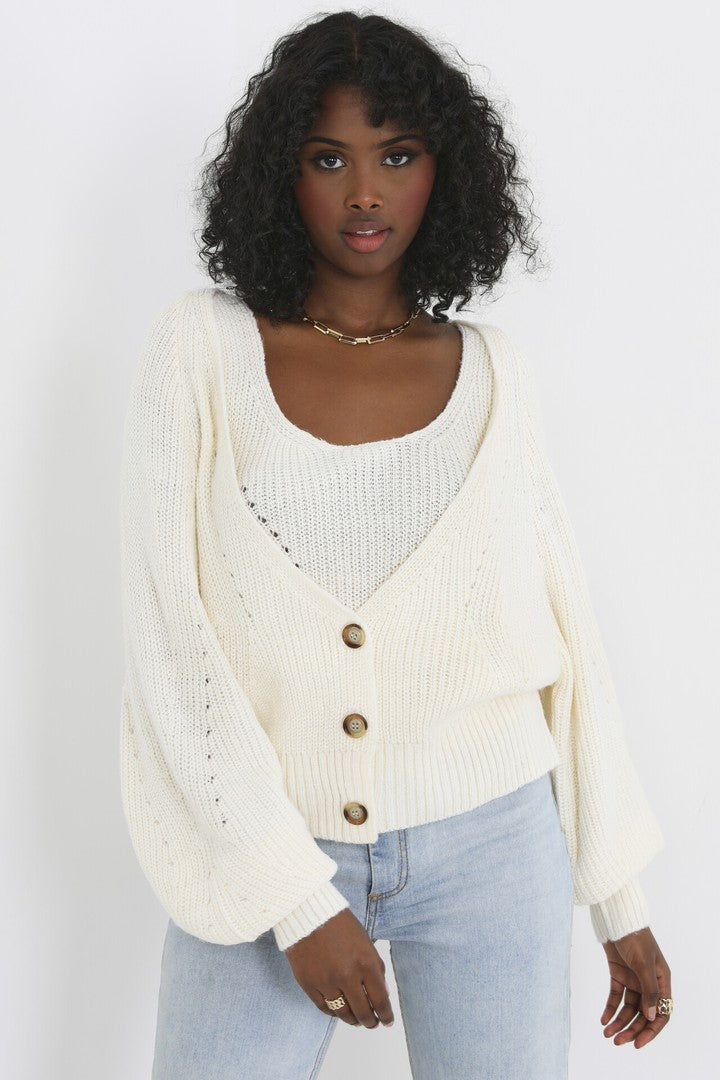 Ivory Boxy Fit Buttoned V Neck Balloon Sleeve Cardi