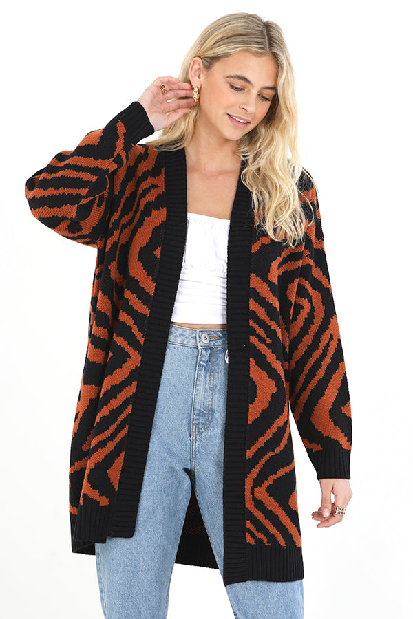 Tan Animal Jacquard Design Long Cardigan
