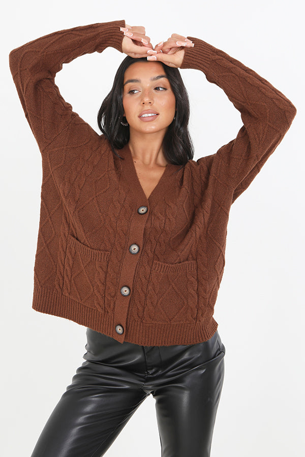 Brown Tortoiseshell Button Cable Knit Cardigan