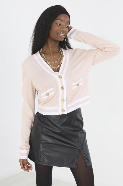 Pale Pink Contrasting Trim Jersey Knit Cardigan