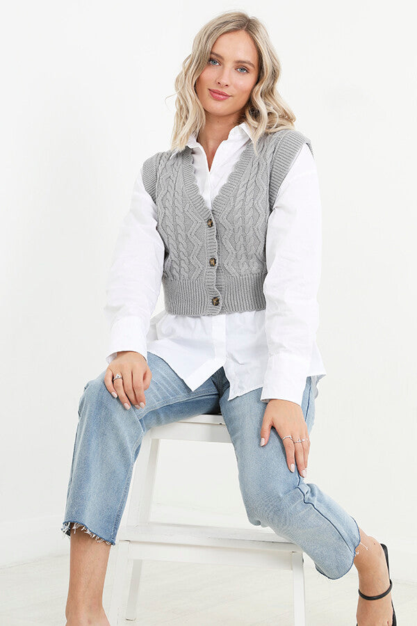 Plain Sleeveless Cable Knitted Buttoned Cardigan