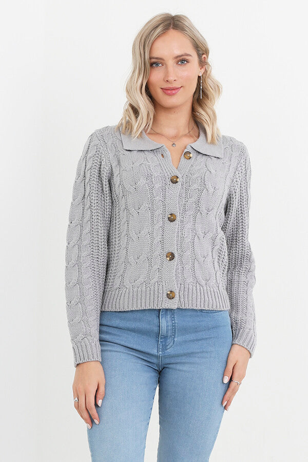 Grey Polo Collar Cable Knitted Buttoned Cardigan